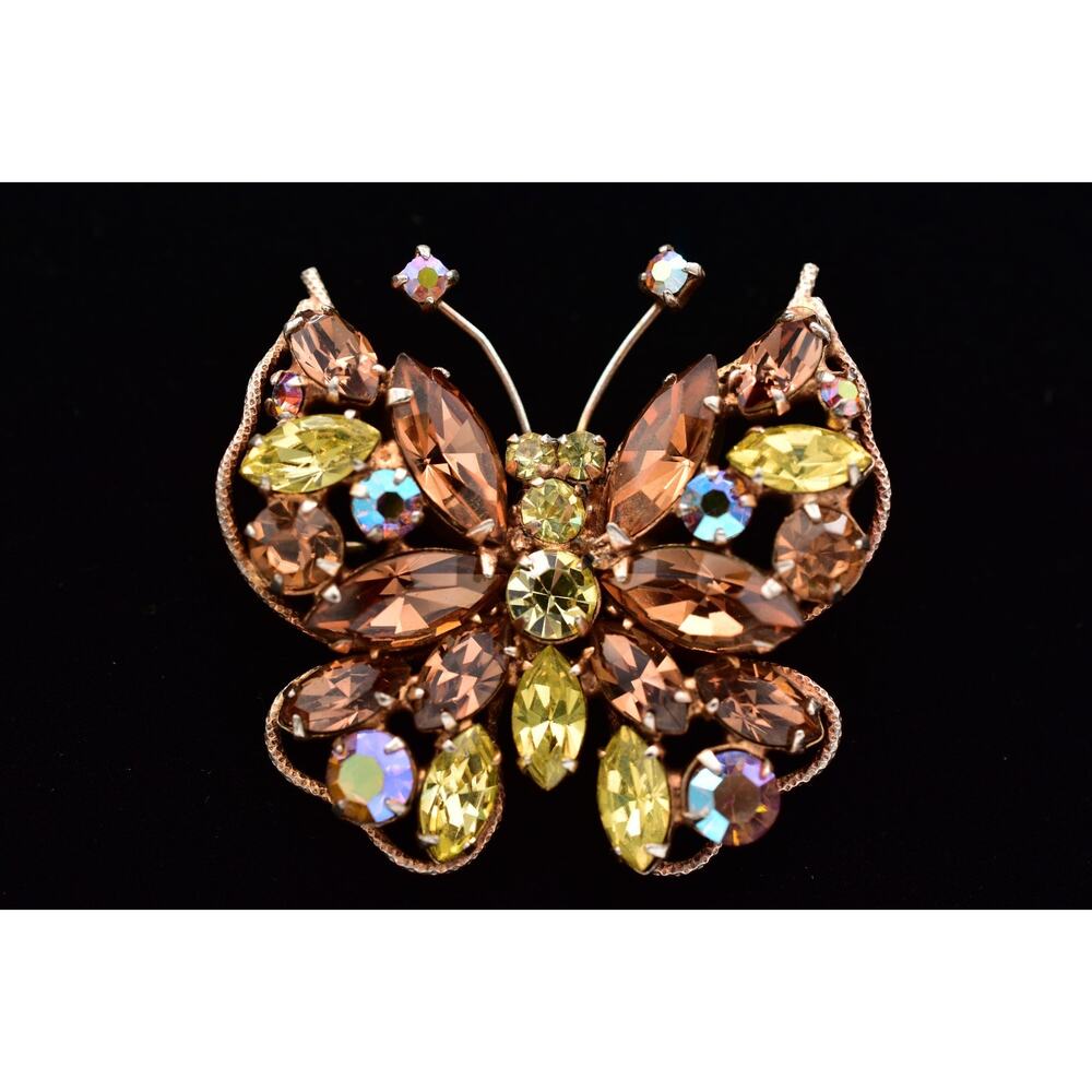 Regency Vintage Crystal Butterfly Pin Brooch Amber Yellow Rhinestone 1960s BinAC